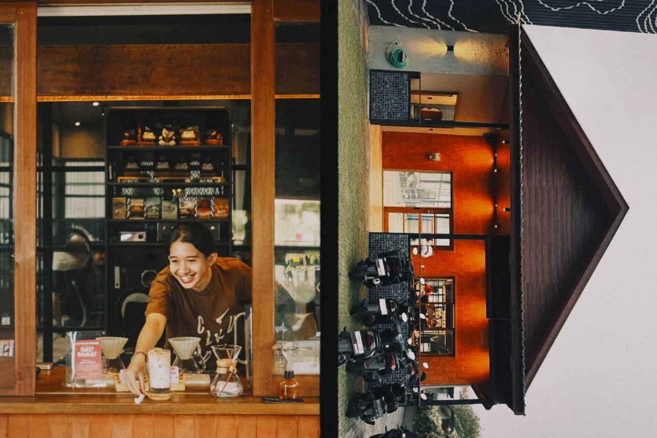 Split image: a barista working behind a counter, and a café interior with an umbrella